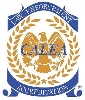 CALEA logo: gold eagle surrounded by golden leaf with blue banner stating Law Enforcement Accreditation